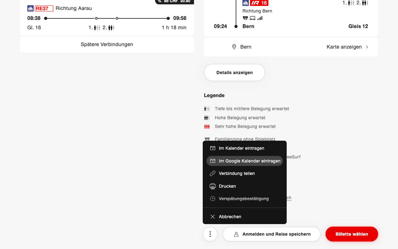 sbb.ch connection menu with the added Google Calendar entry